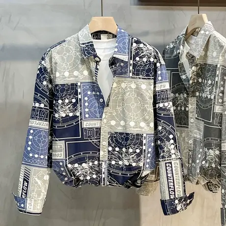 日系星空印花纯棉长袖衬衫男设计感男士外穿衬衣宽松外套潮流上衣商品大图