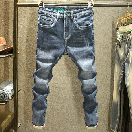 秋季弹力舒适牛仔裤男修身小脚裤ins潮个性后袋刺绣时尚休闲长裤商品大图