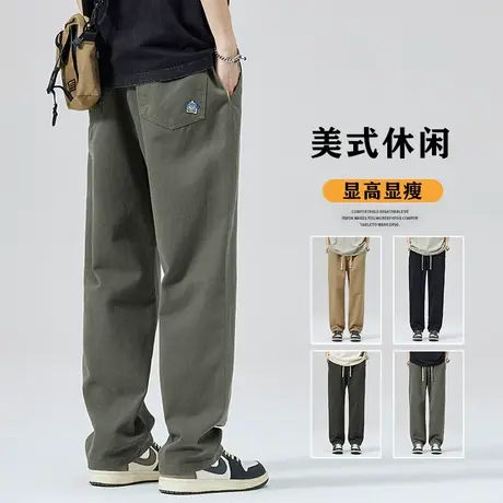 美式潮流复古直筒长裤子男款军绿色2023春秋宽松阔腿工装休闲裤商品大图