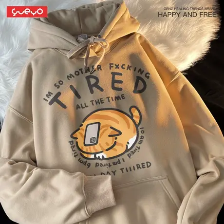 悦游 tired抱头猫 疲惫趴下橘猫宽松套头连帽加绒卫衣男潮流搞笑商品大图