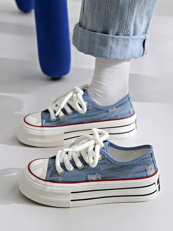 帆布鞋女2023年新款夏季复古厚底松糕休闲低帮ins潮百搭透气板鞋商品大图