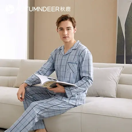 秋鹿纯棉男士家居服睡眠柔软亲肤开衫格子睡衣男款春秋款长袖套装图片