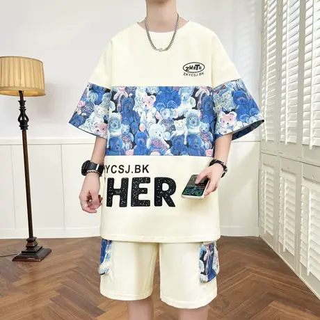 个性印花短袖套装男夏季潮流宽松休闲运动两件套男装帅气一套衣服商品大图