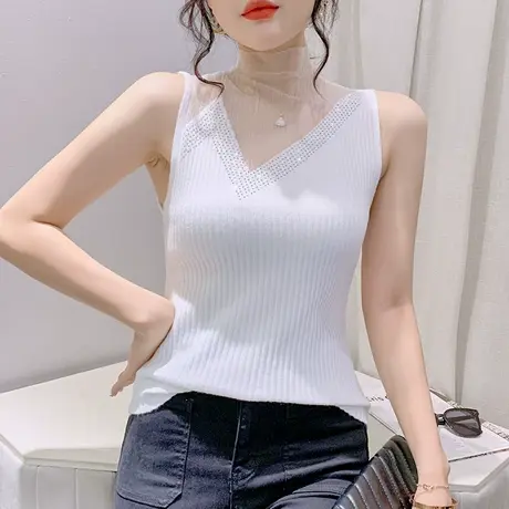 网纱拼接性感背心女内搭外穿设计感时尚烫钻无袖上衣欧货洋气小衫商品大图