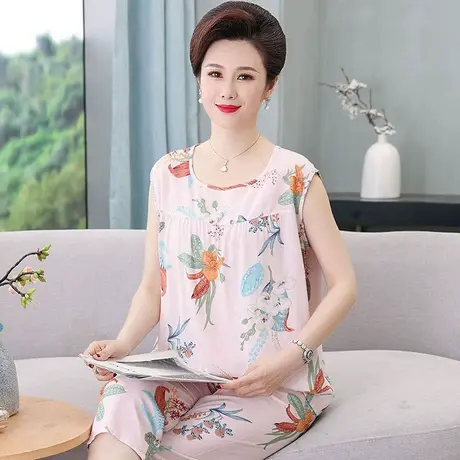 中老年人睡衣女棉麻妈妈奶奶短袖薄款老人大码人造棉绵绸套装夏季商品大图