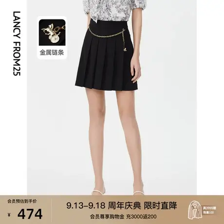 朗姿学院风链条百褶裙夏季新款半身裙高腰黑色A字短裙设计感裙子商品大图