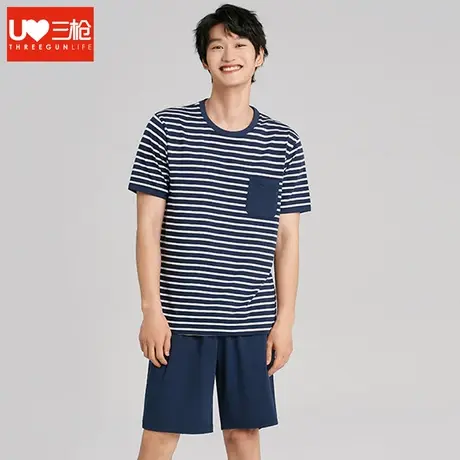 三枪睡衣男夏天纯棉男士家居服套装大码休闲两件套可外穿短袖短裤商品大图