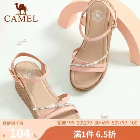 骆驼女鞋凉鞋夏季新款休闲时尚一字带真皮坡跟仙女凉鞋女鞋图片