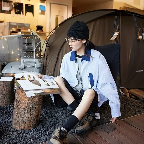 别致蓝白条纹衬衫女2023新款春秋款ins潮牌复古衬衣宽松长袖上衣商品大图