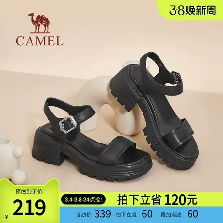 骆驼女鞋2024春夏新款一字带凉鞋女粗跟时尚露趾真皮时装凉鞋女图片
