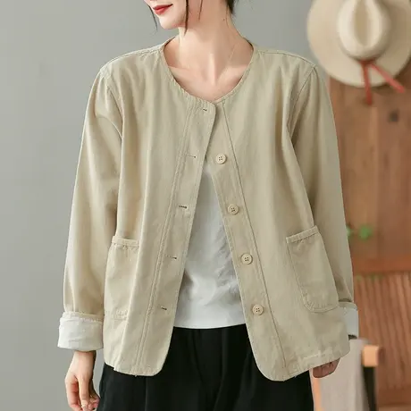dza 复古休闲气质短款外套女春秋宽松棒球服圆领显瘦上衣长袖开衫图片