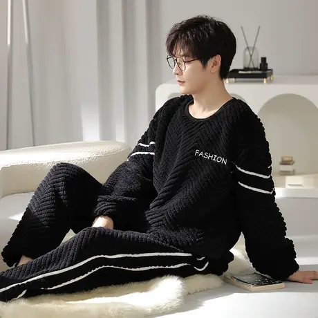 猫人睡衣男秋冬季2023新款长袖大码法兰绒加绒加厚简约家居服套装图片