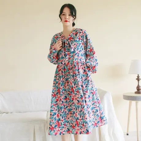 胖妹妹秋2023新品棉质印花蝴蝶结连衣裙大码微胖复古宽松显瘦长裙商品大图