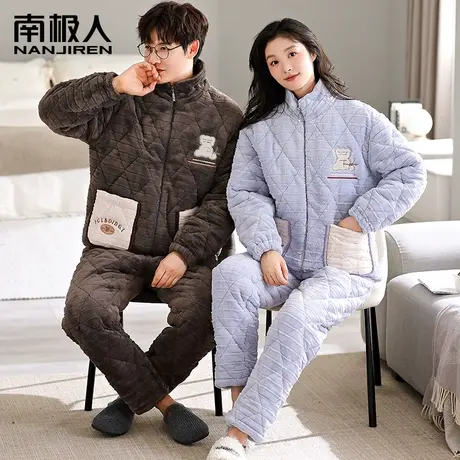 情侣睡衣冬季加绒加厚三层夹棉男女款保暖珊瑚绒可外穿家居服套装商品大图