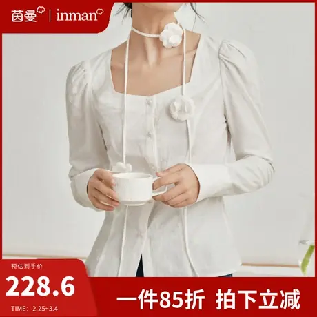 茵曼法式通勤方领白衬衫女2024春季新款长袖纯棉上衣别致小众衬衣图片