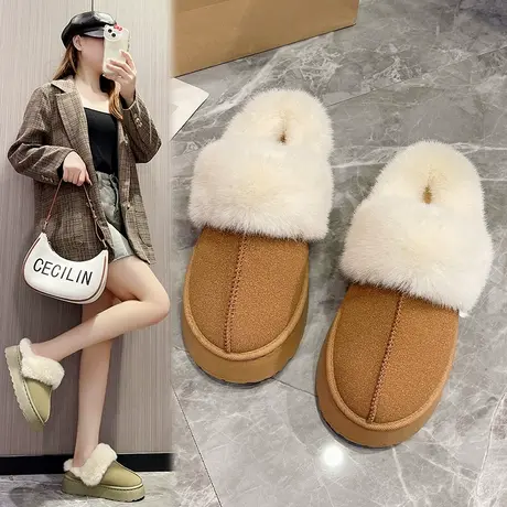 厚底雪地棉拖鞋女秋冬季外穿时尚增高毛毛拖鞋2023新款包头半拖鞋商品大图