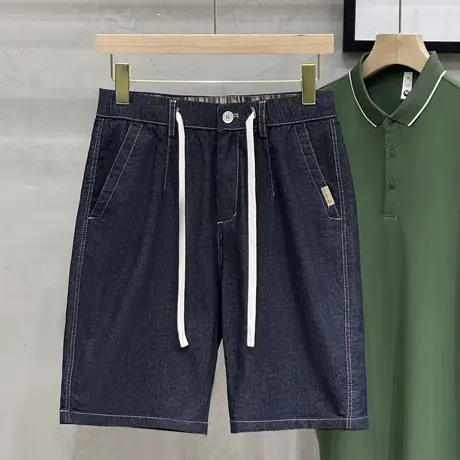 牛仔短裤男夏季薄款潮流松紧腰男士中裤潮牌五分裤子男直筒修身商品大图