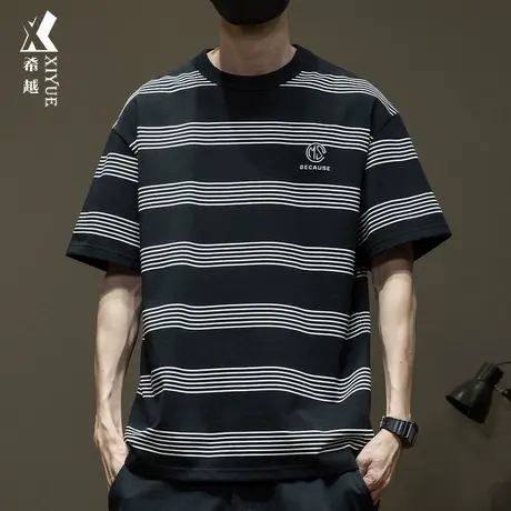 美式潮流黑白条纹短袖t恤男士2025夏季新款宽松大码休闲五分半袖图片