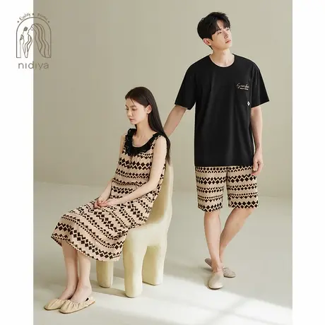妮狄娅夏季情侣睡衣女纯棉带胸垫背心睡裙男休闲可外穿家居服套装商品大图