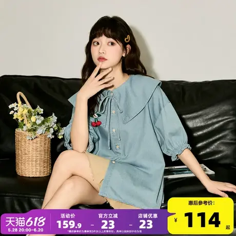 唐狮2024夏季新款短袖牛仔衬衫女薄款娃娃领衬衣韩系甜美系带上衣商品大图