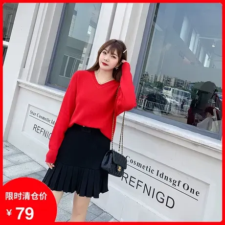 2020红色针织衫套头V领胖mm宽松显瘦大码新年毛衣女秋冬外穿200斤商品大图