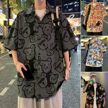 短袖花衬衫男夏季薄款高级感小熊印花衬衣美式高街宽松男生上衣服商品大图