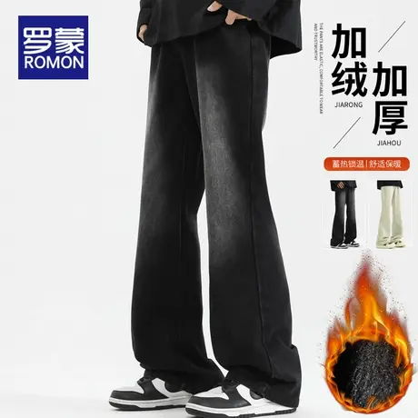 罗蒙加绒加厚牛仔裤男款美式高街潮牌休闲长裤2025新款保暖阔腿裤商品大图