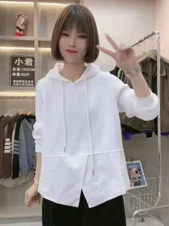 2023早春秋季新款中长款长袖假两件套头连帽卫衣女宽松百搭上衣服商品大图