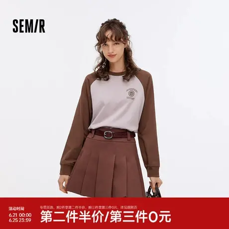 森马长袖T恤女中长款宽松字母圆领衣服秋潮流复古撞色插肩袖上衣图片