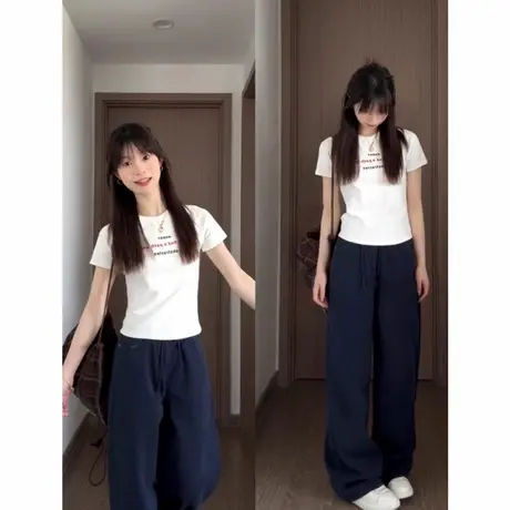 美式正肩短袖t恤女2025新款夏季白色圆领修身短款时尚辣妹ins上衣图片