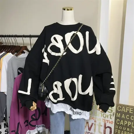 卫衣女春秋薄款2023新款韩版ins潮破洞拼接假两件宽松外套上衣服商品大图