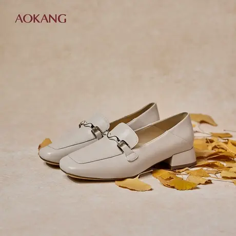 奥康 女鞋春秋新款乐福鞋白色软底方头羊皮鞋一脚蹬妈妈单鞋商品大图