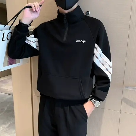 半拉链立领卫衣男秋季个性潮牌条纹高级感外套上衣学生内搭体恤衫商品大图