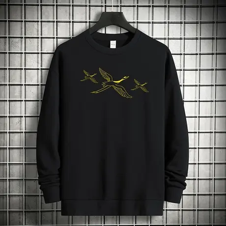 重磅纯棉国潮卫衣男2023新款黑色长袖t恤摇粒绒加绒圆领无帽上衣商品大图