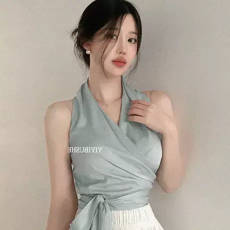 当天发 OnoevMP025气质天蓝色~女人味V领系带无袖衬衫上衣图片