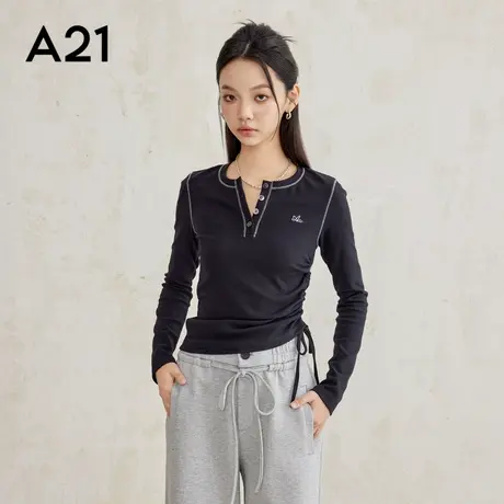 A21女装针织修身圆领半开筒长袖T恤纽扣套头2025新款气质百搭商品大图