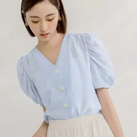 桔熊夏季通勤气质V领衬衫肌理感修身泡泡袖上衣女装大码AB18092图片