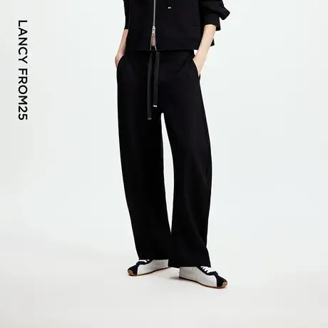 朗姿黑色设计感弯刀裤型阔腿裤休闲抽绳弹力女士2025年秋季新款商品大图