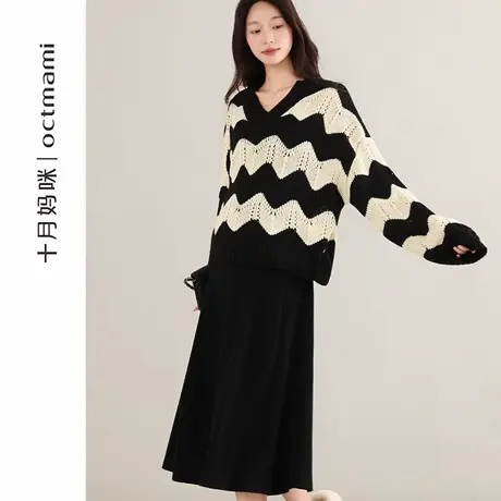 十月妈咪孕妇针织吊带连衣裙2025新款秋季外穿宽松粗条纹毛衣秋装商品大图