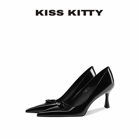 KISSKITTY牛皮高跟鞋女气质高级不累脚单鞋裸粉色蝴蝶结细跟女鞋图片