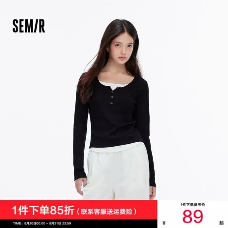 森马打底衫女修身显瘦内搭弧形下摆拼接假两件上衣秋季可外穿气质图片