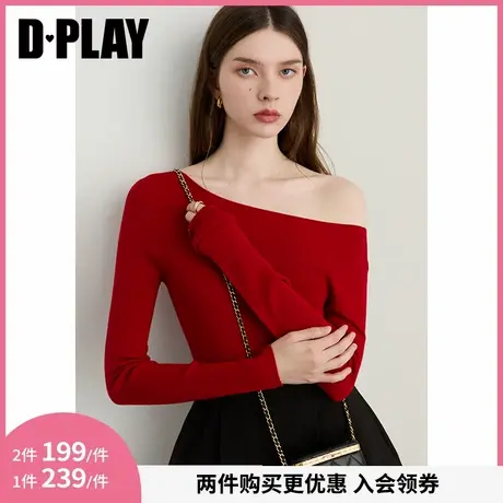 DPLAY2025年秋季新款红色针织衫女无缝一体100羊毛修身打底衫上衣商品大图