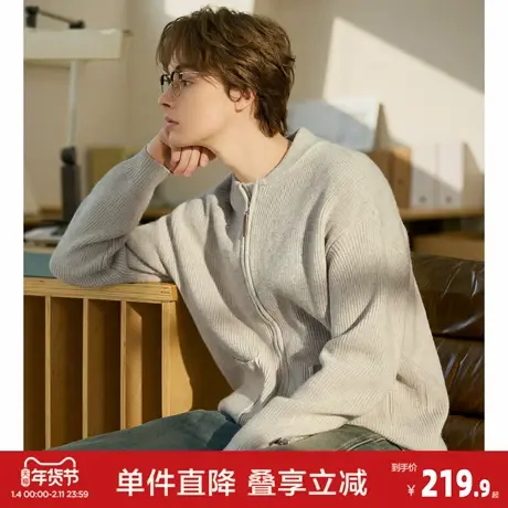 唐狮2026春季新款毛衣男棒球领开衫燕麦灰时尚百搭休闲风男士外套商品大图