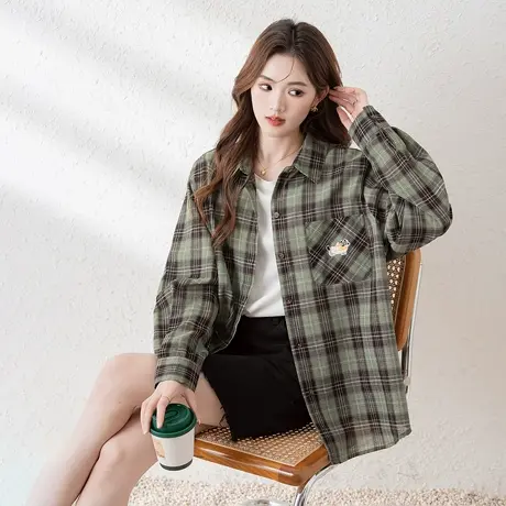 唐狮新款长袖衬衫女绿色格子翻领宽松前胸趣味刺绣上衣blTM商品大图