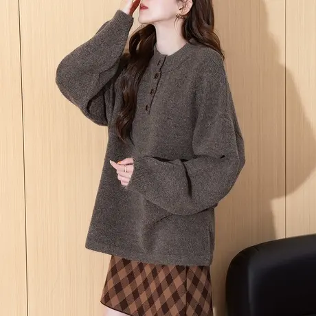 唐狮秋冬复古风立领半开襟套头女毛衣针织衫时尚百搭休闲TD商品大图