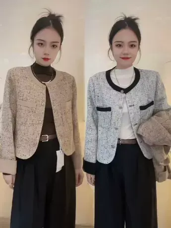 2023年新款高级感气质韩版百搭小香风圆领撞色法式复古短外套女潮图片