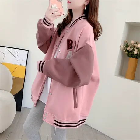 复古小熊加绒加厚棒球服外套女秋冬2023新款宽松百搭学生开衫卫衣商品大图