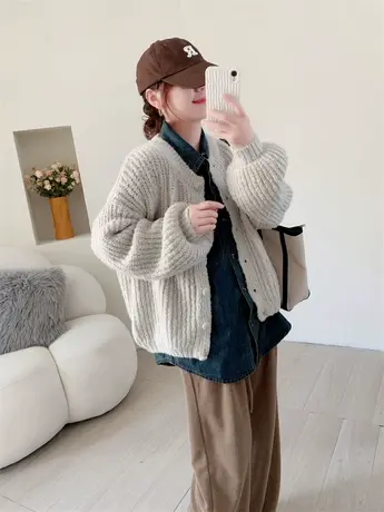 韩系慵懒风加厚粗线毛衣开衫女秋冬2023新款宽松显瘦针织外套上衣图片