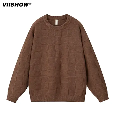 VIISHOW圆领港风格子毛衣男士春秋季新款休闲宽松针织衫港风男装商品大图