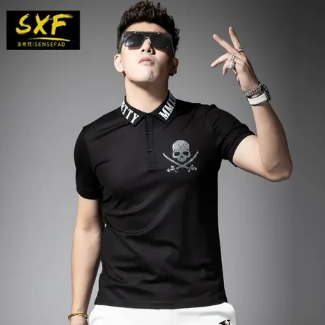 SXF圣希梵polo衫男潮牌 日系烫钻上衣翻领纯棉体恤新款修身男短袖图片